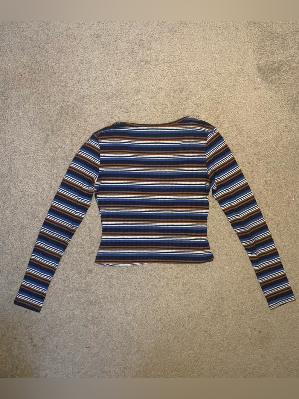 SHEIN Blue & Brown Striped V-Neck Long Sleeve Top - Picture 4 of 6